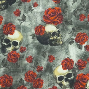 Skulls And Roses Fabric, Tossed Skulls and Red Roses Novelty Cotton Fabric image 1