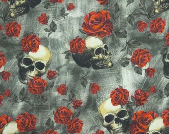 Skulls And Roses Fabric, Tossed Skulls and Red Roses Novelty Cotton Fabric