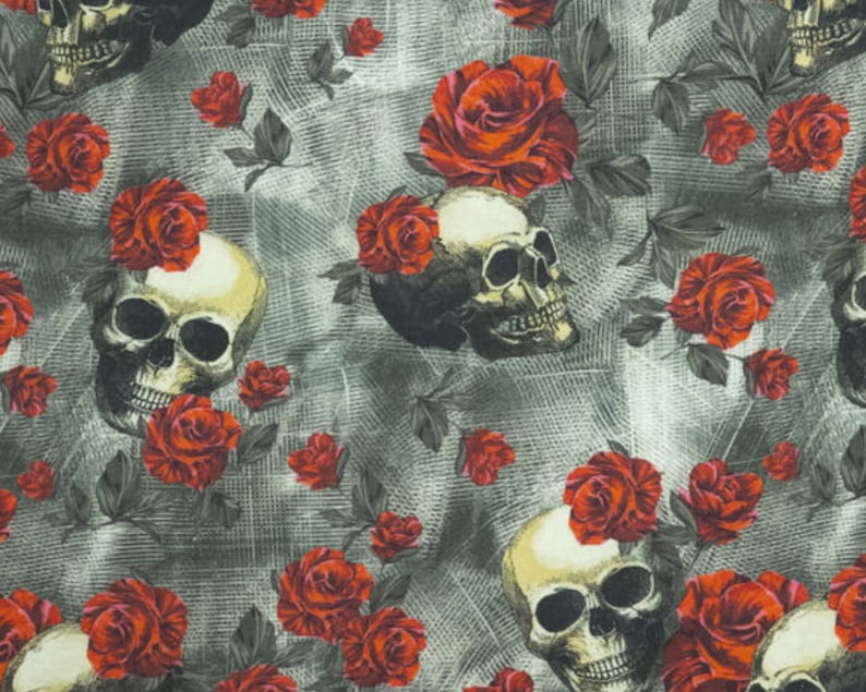 Skulls And Roses Fabric, Tossed Skulls and Red Roses Novelty Cotton Fabric image 1