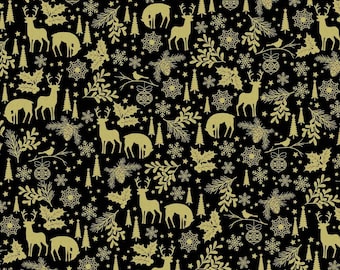 Holiday Forest Fabric, Gold Metallic Holiday Forest on Black Holiday Sparkle by Greta Lynn for Benartex Quilting Cotton Fabric 12524M-12B