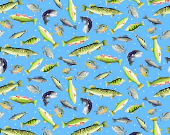 Fish Fabric, Gone Fishing Light Blue Sail Away by Andi Metz for Benartex Kanvas Studio Quilting Cotton Fabric, 14444-50B