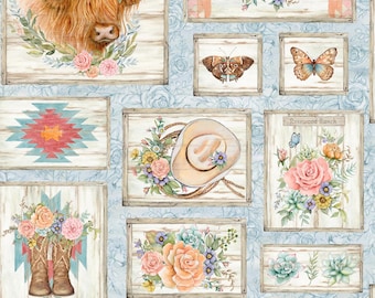 Highland Cow Fabric, Highland Ranch Patch by Susan Winget for Springs Creative Novelty Cotton Fabric, Highland Ranch Patchwork, 81429-160028