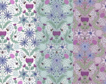 Bee Thistle Fabric, Mirrored Thistle and Bee on Cream, Duck Egg or Purple A Celtic Summer by Lewis & Irene Quilting Cotton Fabric A989