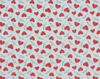 Red Hearts with Paper Airplane Love Notes on White Valentine's Day Novelty Cotton Fabric, Sending Love Notes
