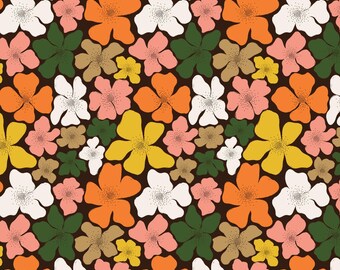 Cosmo Floral Fabric, Multi Cosmos on Brown Honey Garden Collection by Juliana Tipton for Cloud 9 Organic Quilting Cotton Fabric 227777-X