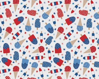 Patriotic Popsicle Fabric, Patriotic Minis Americana Ice Cream on White by P & B Textiles Quilting Cotton Fabric, Summer Popsicle Fabric