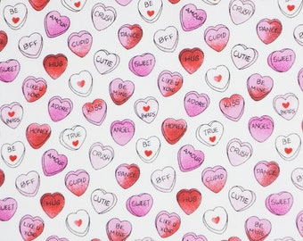 Candy Hearts Fabric, Message from the Heart White Valentine's Day by Fabric Traditions Novelty Cotton Fabric, Conversation Hearts Fabric