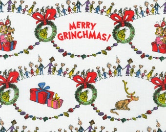 Grinch Fabric, Merry Grinchmas Whoville How the Grinch Stole Christmas Licensed Robert Kaufman Novelty Cotton Fabric