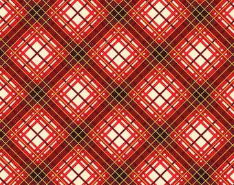 Holiday Plaid Fabric, Red Holiday Plaid with Gold Metallic Accents Christmas Musical by Benartex Kanvas Studio Quilting Cotton Fabric