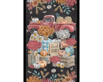 Tela para paneles de otoño, panel Harvest de 24" sobre fondo carbón, colección Late Summer Harvest de Lily Ford para tela de algodón para acolchado en blanco, mercado de otoño
