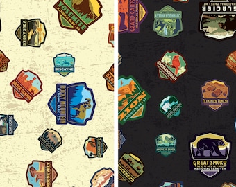 National Park Patches Fabric, National Park Patches on Light Black or Cream by Riley Blake Quilting Cotton Fabric