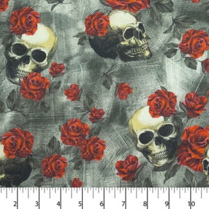 Skulls And Roses Fabric, Tossed Skulls and Red Roses Novelty Cotton Fabric image 2