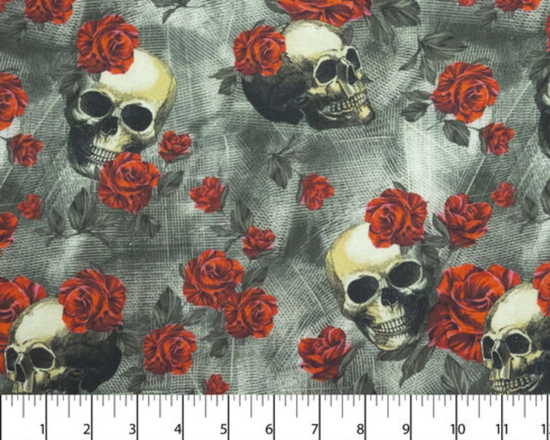 Skulls And Roses Fabric, Tossed Skulls and Red Roses Novelty Cotton Fabric image 2