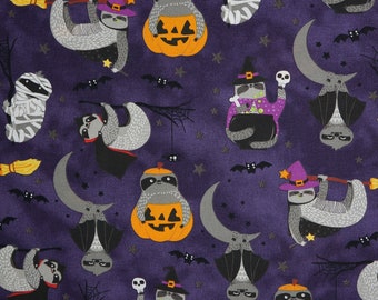 Halloween Sloth Novelty Cotton Fabric, Vampire Sloth, Dracula Sloth, Witch Sloth, Pumpkin Sloth, Sloth in a Costume Fabric