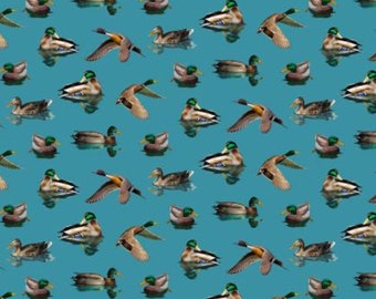 Duck Fabric, Mallard Ducks on Aqua Blue from the Welcome to our Lake Collection by Michael Miller Quilting Cotton Fabric, Tossed Duck Fabric