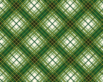 Holiday Plaid Fabric, Green Holiday Plaid with Gold Metallic Accents Christmas Musical by Benartex Kanvas Studio Quilting Cotton Fabric