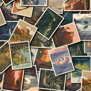 May include: A collection of rectangular postcards featuring stylized illustrations of various United States National Parks, including Bryce Canyon, White Sands, and American Samoa, arranged in an overlapping, layered collage pattern.