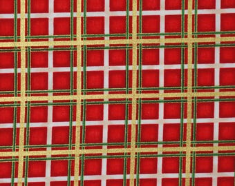 Christmas Plaid Fabric, Red Green and Metallic Gold Plaid by Timeless Treasures Quilting Cotton Fabric