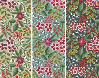 Farmhouse Winter Floral on Linen, Slate Blue or Charcoal by Lewis & Irene Quilting Cotton Fabric, Poinsettia Christmas Floral, Metallic Noel