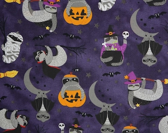 Halloween Sloth Novelty Cotton Fabric, Vampire Sloth, Dracula Sloth, Witch Sloth, Pumpkin Sloth, Sloth in a Costume Fabric