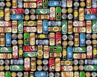 Beer Fabric, Beer Cans on Black Ale House by Benartex Quilting Cotton Fabric, Craft Beer Fabric, 12745B-99