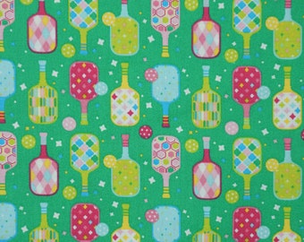 Pickleball Fabric, Pickle Ball Paddles on Green by Fabric Traditions Novelty Cotton Fabric, Pickle ball Paddles