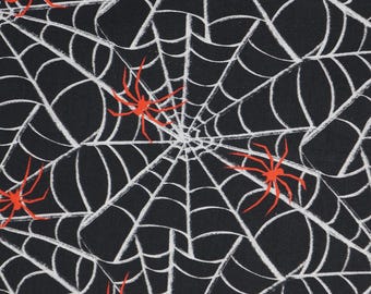 Spider Web Fabric, White Spiderwebs with Red Spiders on Black by Springs Creative Halloween Novelty Cotton Fabric, Web to Weave Spiderwebs