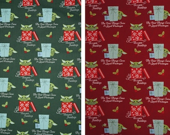 Baby Yoda Christmas Star Wars Child Small Packages Green or Red Licensed by Camelot Fabrics Quilting Cotton Fabric