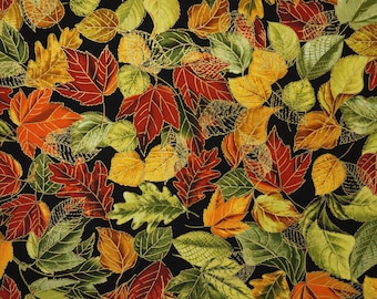 Fall Leaves Fabric, Fall Leaves Harvest on Black with Gold Metallic by Timeless Treasures Quilting Cotton Fabric, CM2803-BLACK
