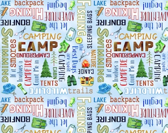 Camping Words Fabric, Camping Words Blue Live, Love, Camp Benartex Kanvas Studio Quilting Cotton Fabric, Camping Words, 14450-54B