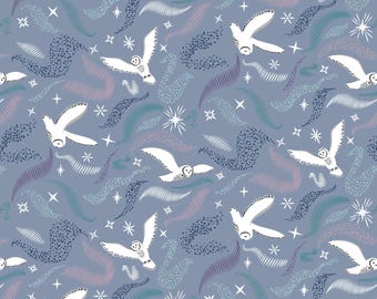 Owl Fabric, Arctic Aura Owl on Cool Purple Gray by Lewis and Irene Quilting Cotton Fabric, Northern Lights and Owls, CC29.2