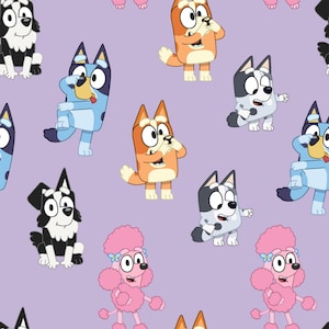 May include: A repeating pattern on a light purple background featuring cartoon dogs. The design includes blue and orange cattle dogs in various poses, a black and white dog, and a pink poodle with blue butterfly hair clips on its ears.