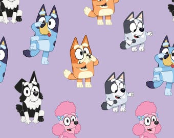 Bluey Fabric, Playful Bluey and friends on Purple Licensed by Springs Creative Novelty Cotton Fabric, Disney Bluey Fabric 81155-A62028