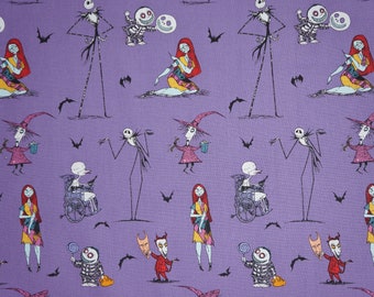 Nightmare Before Christmas Character on Purple Disney Licensed Novelty Cotton Fabric, Sally, Jack Skellington, Lock, Shock and Barrel