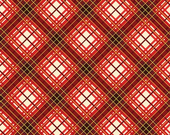 Holiday Plaid Fabric, Red Holiday Plaid with Gold Metallic Accents Christmas Musical by Benartex Kanvas Studio Quilting Cotton Fabric