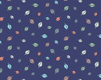 Forest Leaves Flannel Fabric, Forest Leaves Tossed on Navy Cozy Forest by Kanvas Studio for Benartex Comfort Flannel Fabric, Nursery