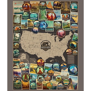 National Parks Fabric, National Parks 36" x 43" USA Vertical Map Poster Panel, Riley Blake Quilting Cotton Fabric, National Parks Tracker