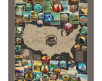 National Parks Fabric, National Parks 36" x 43" USA Vertical Map Poster Panel, Riley Blake Quilting Cotton Fabric, National Parks Tracker