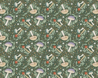 Mushroom Fabric, Woodland Mushrooms on Lagoon Green Cottage Core by Jessica Flick for Benartex Quilting Cotton Fabric 16377B-84