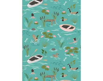 Lake Life Fabric,  A Dip in the Lake on Sunny Day Blue by Lewis and Irene Quilting Cotton Fabric A625.2