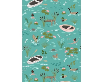 Lake Life Fabric,  A Dip in the Lake on Sunny Day Blue by Lewis and Irene Quilting Cotton Fabric A625.2