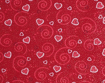 Glitter Swirl Hearts on Red Valentine's Day Novelty Cotton Fabric, Red Hearts, Gold Flecks
