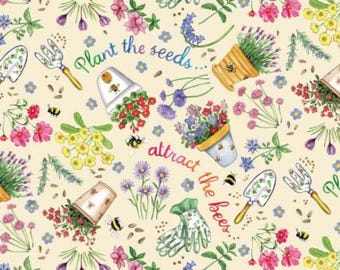 Gardening Fabric, Plant the Seed on Cream Meant to Bee by Michael Miller Quilting Cotton Fabric DDC12001-MULT