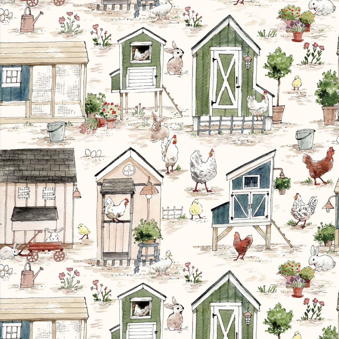 Chicken Farm Fabric, Farm Day on White by Caverly Smith for 3 Wishes Quilting Cotton Fabric