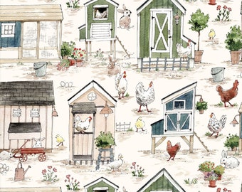 Chicken Farm Fabric, Farm Day on White by Caverly Smith for 3 Wishes Quilting Cotton Fabric, Chicken Coop Fabric