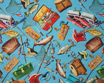 Fishing Fabric, Fishing Fun on Slate Blue by Michael Miller Quilting Cotton Fabric, Fishing Lure Fabric, Fishing Gear Fabric DCX11939-SLAT