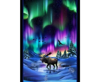 Northern Lights Panel, Aurora 24"x43" panel by Elizabeth Studios Quilting Cotton Fabric, Scenic Moose Northern Lights 734BLACK
