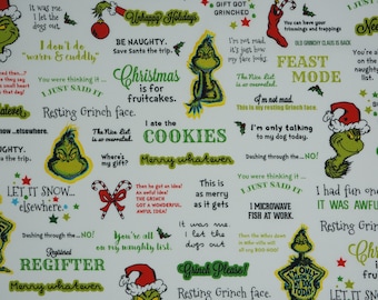 Grinchy Words, The Grinch on White Dr. Seuss How the Grinch Stole Christmas Licensed Quilting Cotton Fabric, Robert Kaufman ADE-20280-223