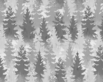 Forest Tree Fabric, Packed Gray Trees on White Lake Retreat Collection by PDR for Wilmington Prints Fabrics Quilting Cotton Fabric