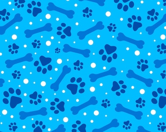 Dog Fabric, Paw and Bones on Blue by David Textiles Novelty Cotton Fabric DX-4363-4C-8